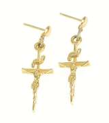 14K Yellow Gold Dangle Cross Crucifix Christian Jesus Christ Earrings