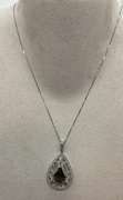 BRAND NEW 14K white gold  smokey quartz and diamond pendant and chain.