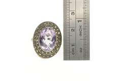 Sterling Silver Retro Oval Amethyst Marcasite Halo Cocktail Ring