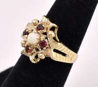 Gorgeous Moon Stone With Garnet Gems Ring In 14K Yellow Gold