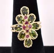 Fascinating Ruby And Green Tourmaline Ring In 14K Yellow Gold