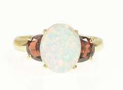 10K Yellow Gold Oval Syn. Opal Garnet Accent Statement Ring