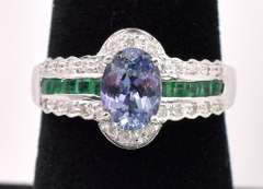 Sparkling Purple Tanzanite And Emerald Ring In 14K White Gold