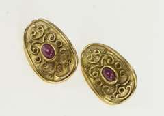 14K Yellow Gold Oval Ruby Etruscan Revival Ornate Vintage Earrings