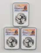 (3) MS70 2021(G), (S), (Y) China 10 Yuan 30g Silver Panda Sign NGC COA