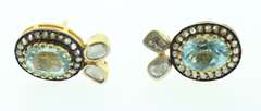 Whimsical Blue Topaz Mine Cut Diamond Earrings with Gold Plated Silver with Diamond Accents