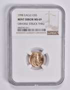 Error MS69 1998 $5 American 1/10 Oz Gold Eagle OBV Struck Thru NGC
