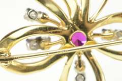 14K Yellow Gold 1930's Syn. Ruby Diamond Accent Bow Ribbon Pin/Brooch