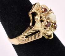 Gorgeous Moon Stone With Garnet Gems Ring In 14K Yellow Gold