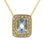 Sparkling 14kt YG Natural Aquamarine and Diamond Halo Pendant Necklace