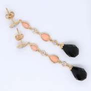 Fantastic Black Onyx and Coral Dangle Earrings in Yellow Gold