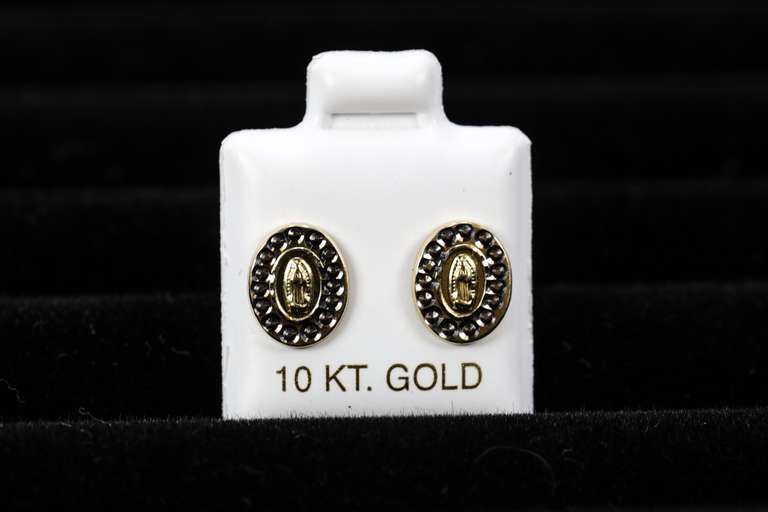 10k Yellow Gold White Round Halo Virgin Mary Stud Screw Back Earrings