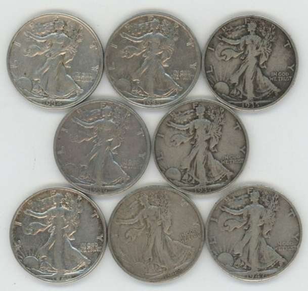 8 Diff. early and semi-key date Walking Liberty Half Dollars