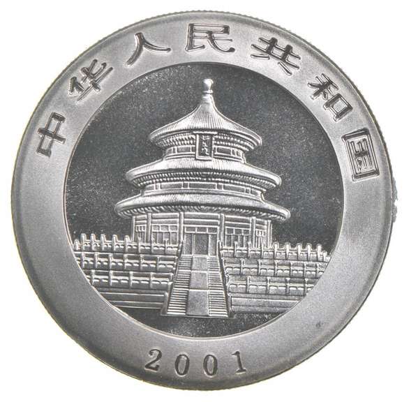 2001 China Panda 10 Yuan 1 Oz .999 Silver