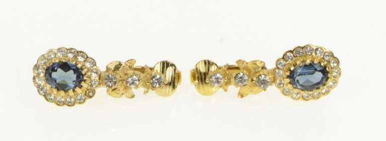 Base Metal Sim. Sapphire Scalloped Halo Clip On Dangle Earrings