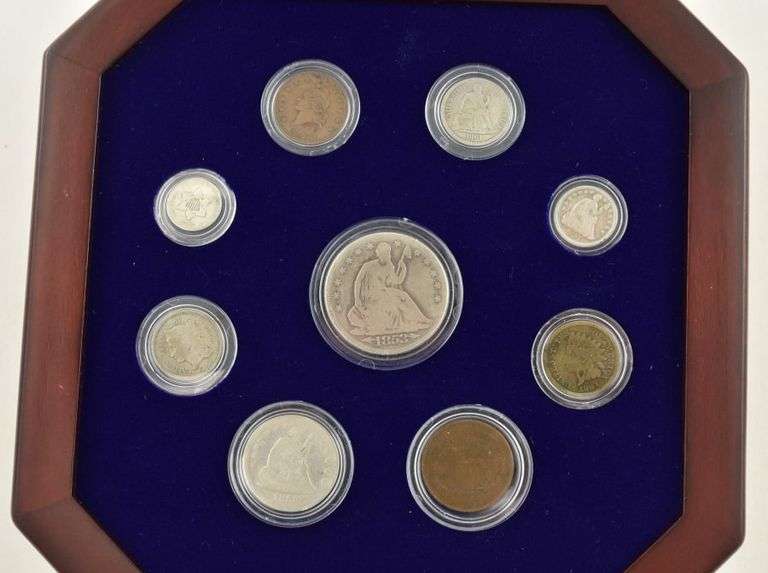 Lot (9) 1853-1865 Civil War Era U.S. Coins Collection Display Box