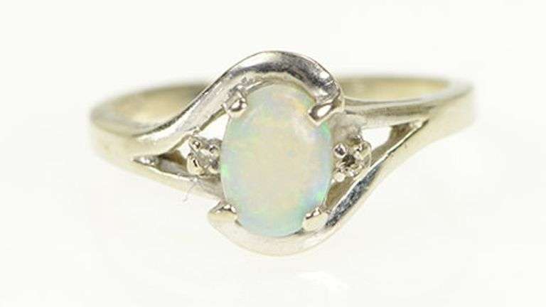 14K White Gold Retro Opal Diamond Accent Vintage Bypass Ring