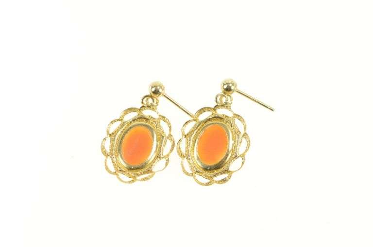 14K Yellow Gold Retro Oval Carved Cameo Filigree Dangle Earrings