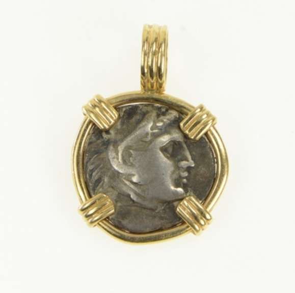 14K Yellow Gold 336-313 BC Greek Drachm Zeus Seated Eagle Coin Pendant