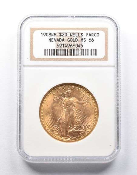 MS66 1908-NM $20 Saint-Gaudens Gold Double Eagle Wells Fargo NV NGC