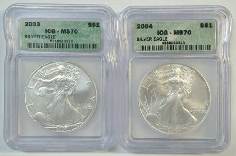 Flawless Better Dates 2003 & 2004 $1 Silver Eagles. ICG MS70