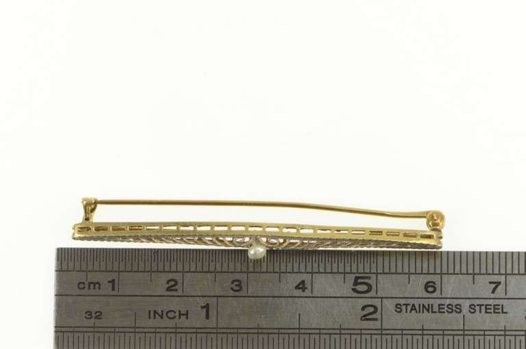 14K Yellow Gold Art Deco Pearl Seed Pearl Filigree Bar Pin/Brooch