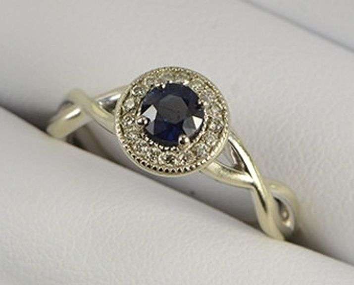 14K White Gold Natural Sapphire Diamond Halo Engagement Ring