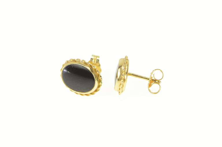 10K Yellow Gold Oval Black Onyx Twist Trim Stud Earrings