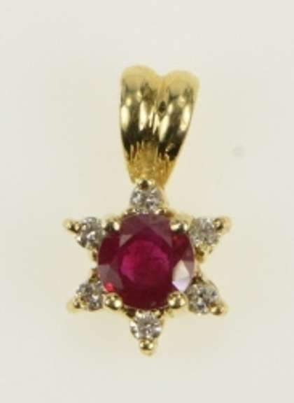14K Yellow Gold 0.55 Ctw Natural Ruby Diamond Halo Flower Pendant
