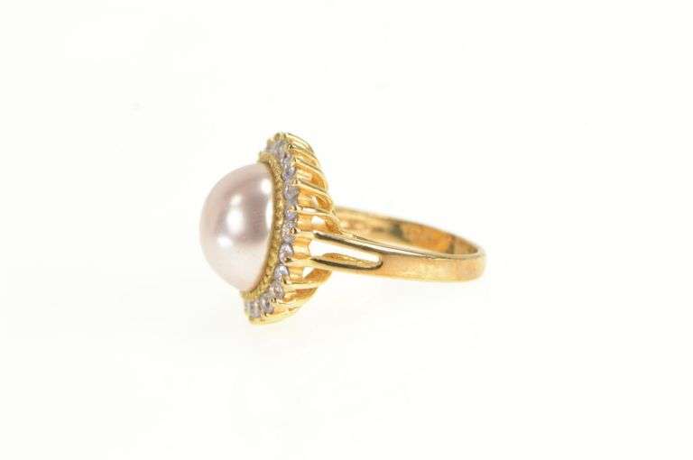 Sterling Silver Retro Pearl CZ Halo Cocktail Statement Ring