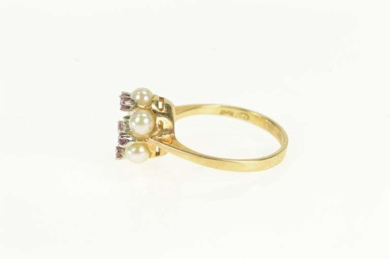 14K Yellow Gold Ruby Diamond Pearl Flower Cluster Statement Ring