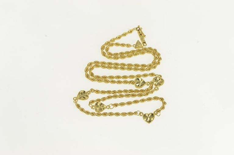 14K Yellow Gold 2.3mm Rope Link Heart Love Chain Vintage Necklace