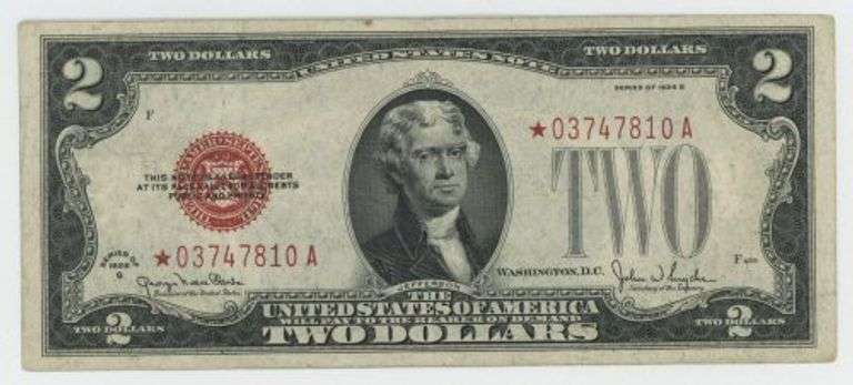 Very Scarce Series of 1928-G $2 STAR Red Seal Note. Nice