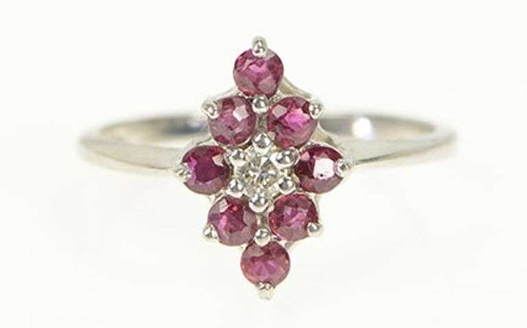 14K White Gold 1950's Diamond Ruby Halo Squared Cluster Ring