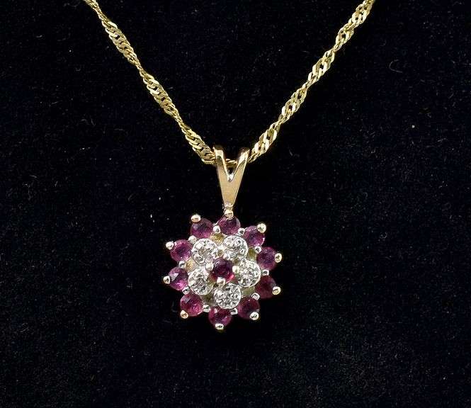 Comely Ruby And Diamond Pendant Necklace In 14K Yellow Gold