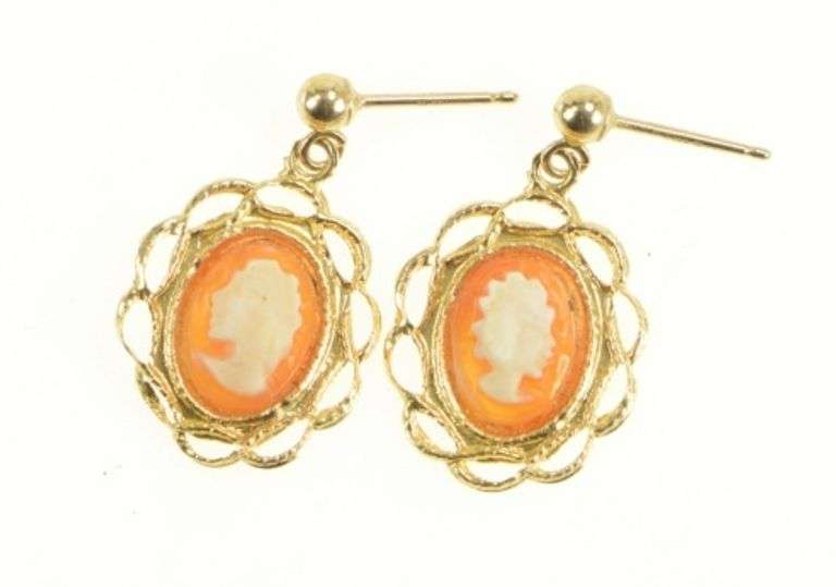 14K Yellow Gold Retro Oval Carved Cameo Filigree Dangle Earrings