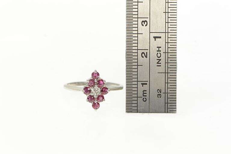 14K White Gold 1950's Diamond Ruby Halo Squared Cluster Ring