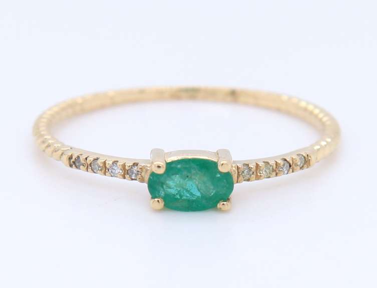 Handsome Yellow Gold oval Emerald and Diamond Stackable Ring