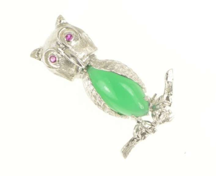18K White Gold Perched Owl Green Chalcedony Syn. Ruby Pin/Brooch