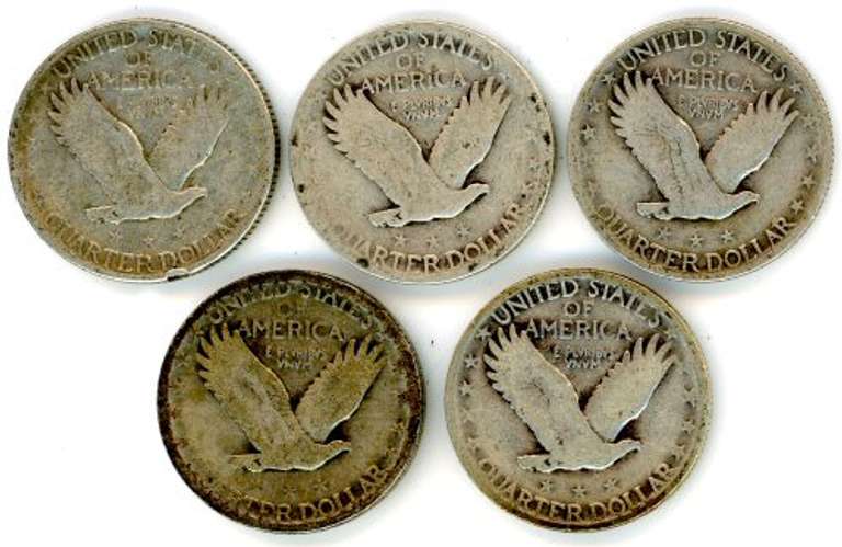 Five Different Silver Standing Liberty Quarters: 1926 to 1930-S