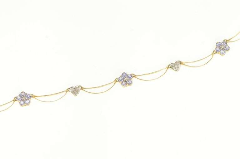 14K Yellow Gold Tanzanite Diamond Flower Heart Chain Necklace