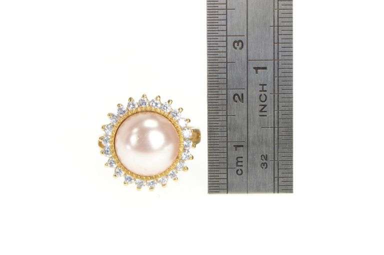 Sterling Silver Retro Pearl CZ Halo Cocktail Statement Ring