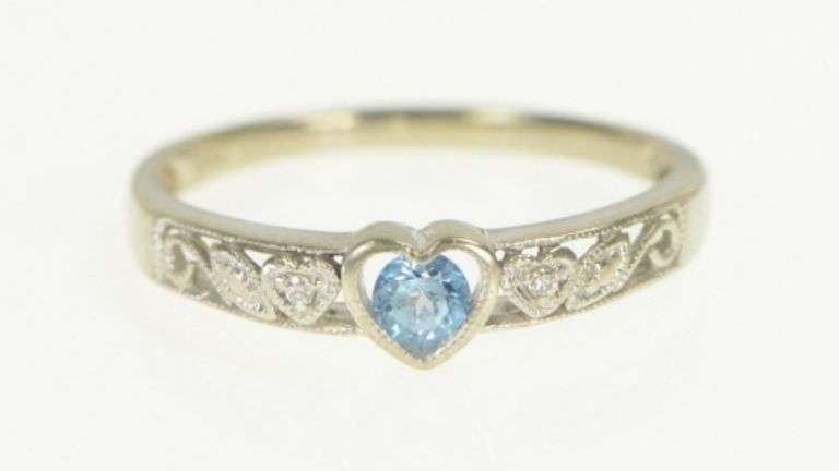 10K White Gold Heart Blue Topaz Diamond Promise Love Ring