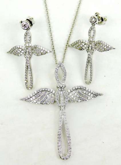 Sterling Angel Cross Necklace & Matching Earrings