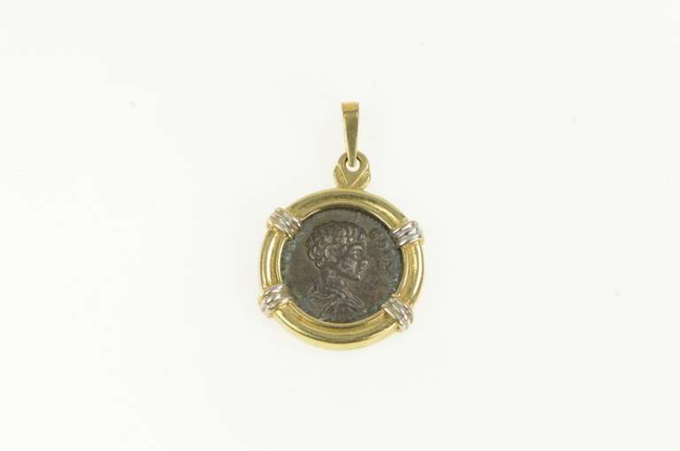 14K Yellow Gold Ancient Roman Geta AD 193-211 Denarius Coin Pendant