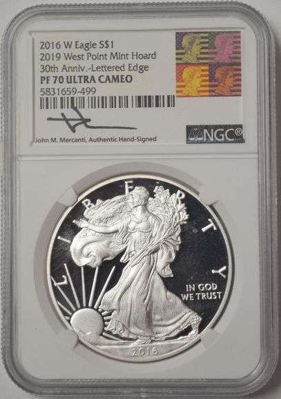 2016 W American Silver Eagle PF 70 Ultra Cameo Mercanti Signed 30th Anniversary