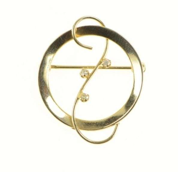 14K Yellow Gold 1960's Retro Diamond Swirl Scroll Statement Pin/Brooch