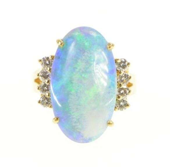 14K Yellow Gold Large Natural Opal Diamond Accent Cocktail Ring