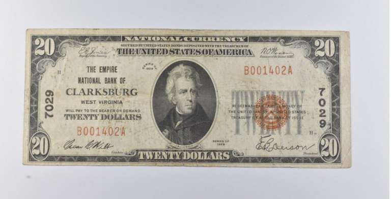 1929 $20 Clarksburg, WV US National Currency Note 7029