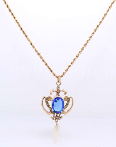 Antique Edwardian Synthetic Blue Sapphire and Pearl Pendant on Chain